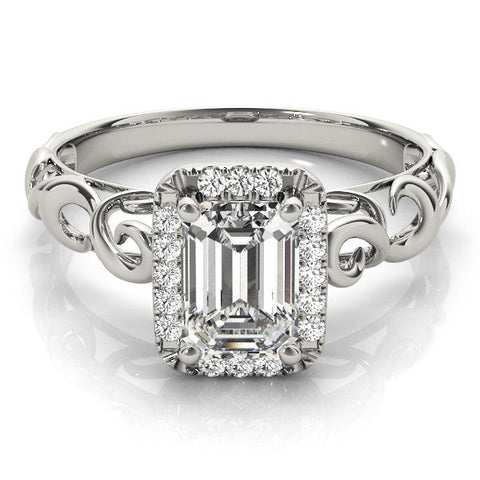 Platinum Emerald Cut Halo Diamond Ring with Scrollwork Band and Four-Prong Setting