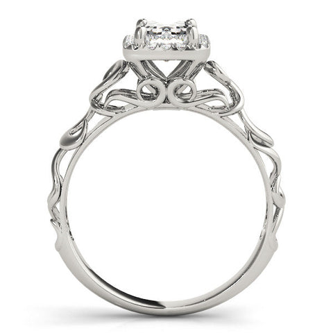 Platinum Emerald Cut Halo Diamond Ring with Scrollwork Band and Four-Prong Setting