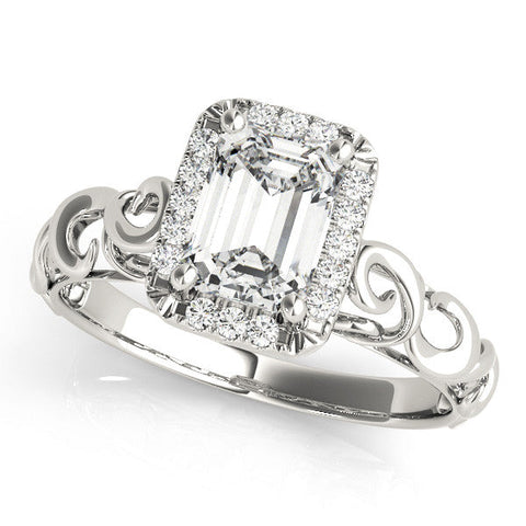 White gold Emerald Cut Halo Diamond Ring with Scrollwork Band and Four-Prong Setting