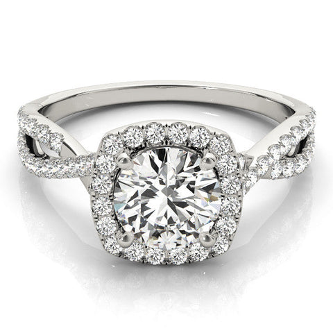 Platinum Round Halo Twist Band Solitaire with Four-Prong Setting