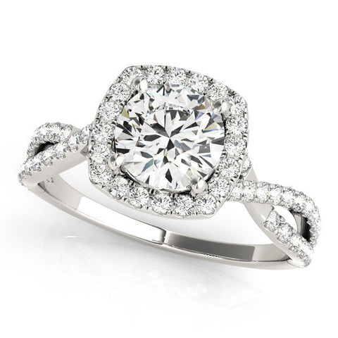 Platinum Round Halo Twist Band Solitaire with Four-Prong Setting