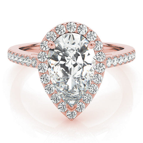 Rose gold Pear Halo Diamond Ring with Pavé Band and Three-Prong Setting