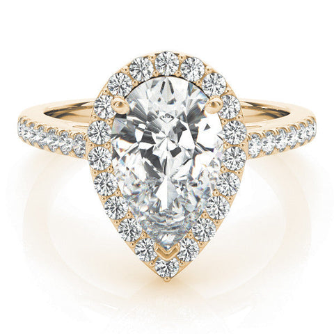 Yellow gold Pear Halo Diamond Ring with Pavé Band and Three-Prong Setting