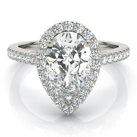 Platinum Pear Halo Diamond Ring with Pavé Band and Three-Prong Setting