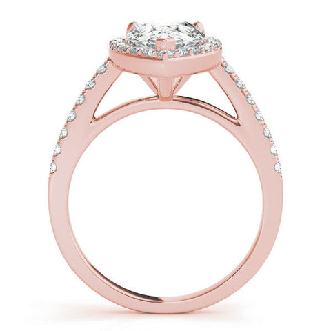Rose gold Pear Halo Diamond Ring with Pavé Band and Three-Prong Setting