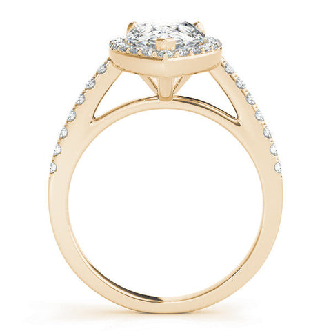Yellow gold Pear Halo Diamond Ring with Pavé Band and Three-Prong Setting