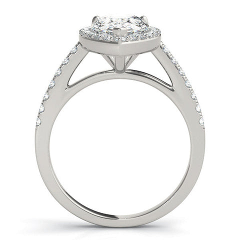White gold Pear Halo Diamond Ring with Pavé Band and Three-Prong Setting