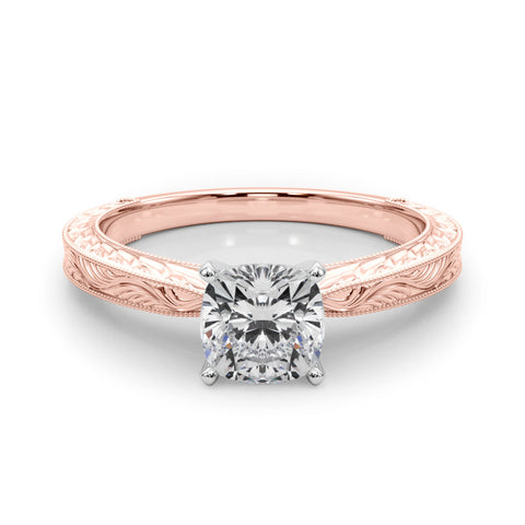 Rose gold Cushion Solitaire Milgrain Engraved Band with Four-Prong Setting