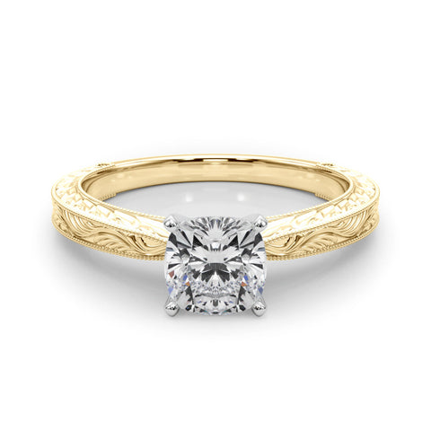 Yellow gold Cushion Solitaire Milgrain Engraved Band with Four-Prong Setting