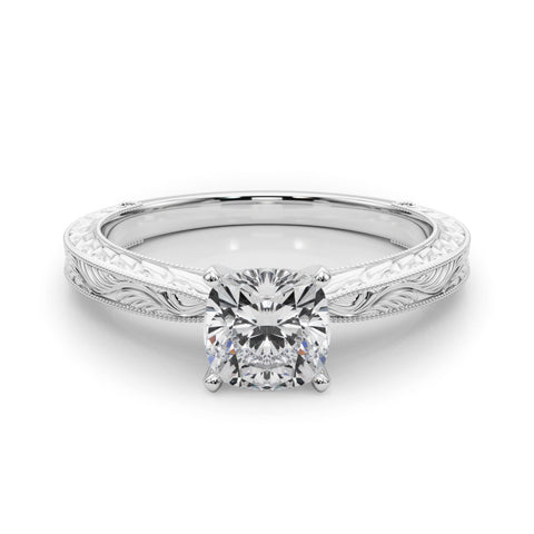 Platinum Cushion Solitaire Milgrain Engraved Band with Four-Prong Setting