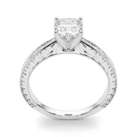 White gold Cushion Solitaire Milgrain Engraved Band with Four-Prong Setting