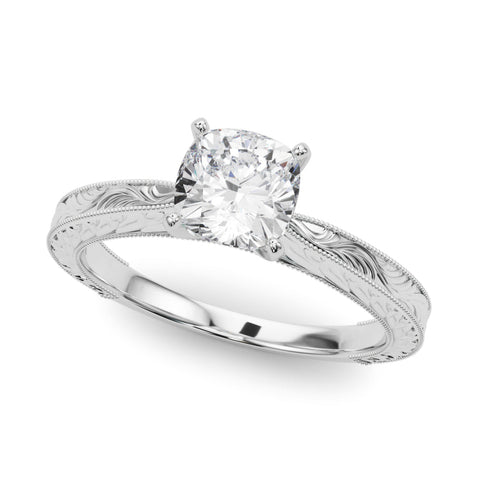Platinum Cushion Solitaire Milgrain Engraved Band with Four-Prong Setting