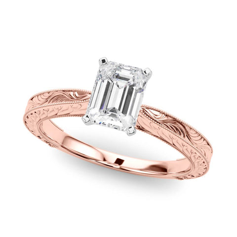 Rose gold Radiant Solitaire Milgrain Engraved Band with Four-Prong Setting
