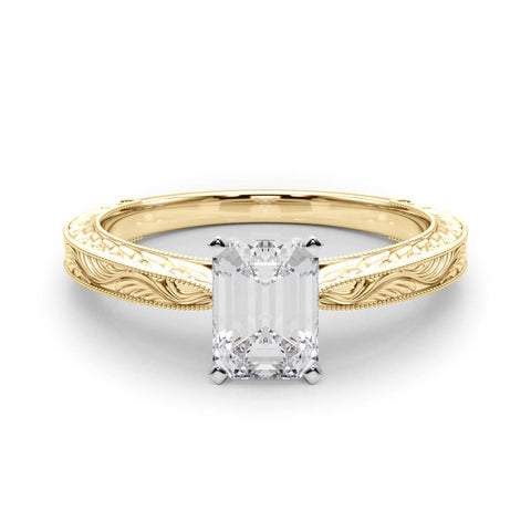 Yellow gold Emerald Solitaire Milgrain Engraved Band with Four-Prong Setting