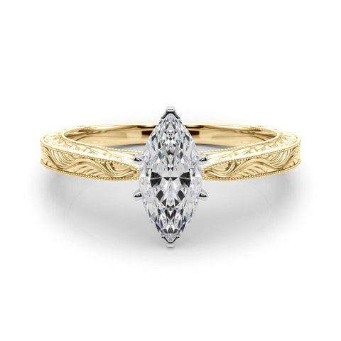 Yellow gold Marquise Solitaire Milgrain Engraved Band with Four-Prong Setting