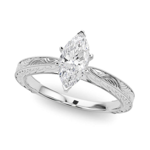 Platinum Marquise Solitaire Milgrain Engraved Band with Four-Prong Setting