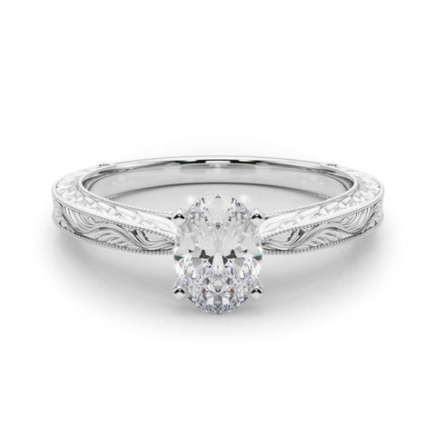 White gold Oval Solitaire Milgrain Engraved Band with Four-Prong Setting