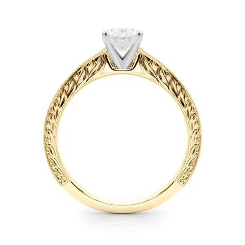 Yellow gold Oval Solitaire Milgrain Engraved Band with Four-Prong Setting