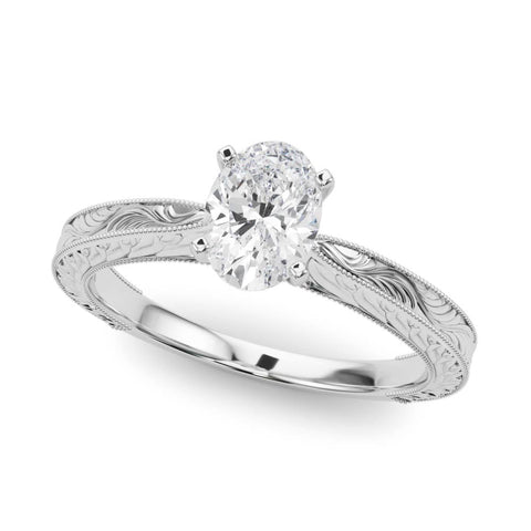 Platinum Oval Solitaire Milgrain Engraved Band with Four-Prong Setting