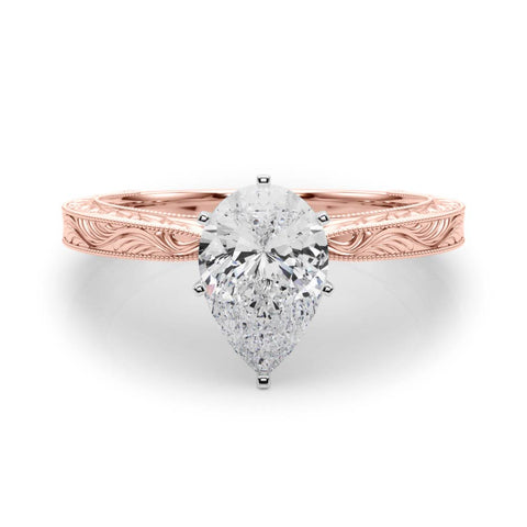 Rose gold Pear Solitaire Milgrain Engraved Band with Four-Prong Setting