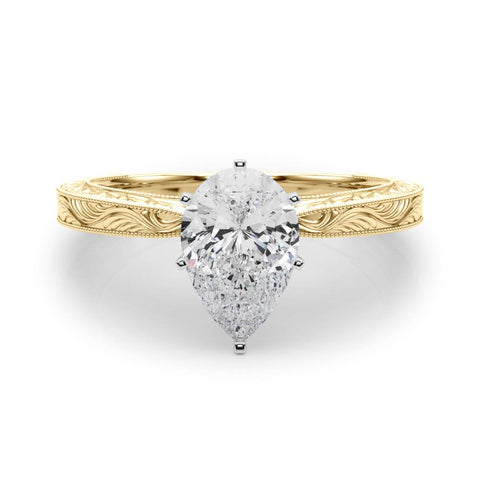 Yellow gold Pear Solitaire Milgrain Engraved Band with Four-Prong Setting