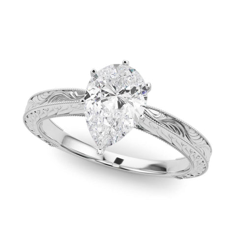 Platinum Pear Solitaire Milgrain Engraved Band with Four-Prong Setting