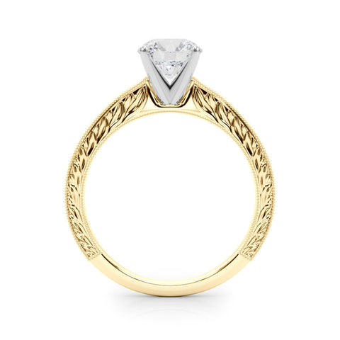 Yellow gold Round Solitaire Milgrain Engraved Band with Four-Prong Setting