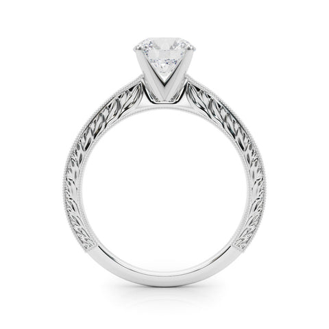 White gold Round Solitaire Milgrain Engraved Band with Four-Prong Setting