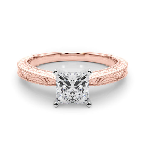 Rose gold Princess Solitaire Milgrain Engraved Band with Four-Prong Setting