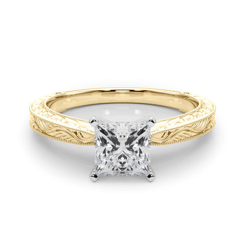 Yellow gold Princess Solitaire Milgrain Engraved Band with Four-Prong Setting