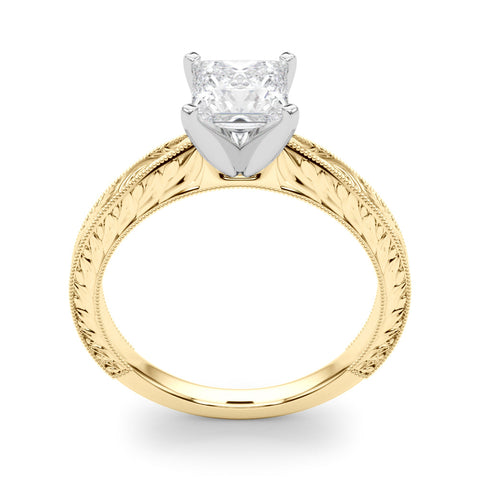 Yellow gold Princess Solitaire Milgrain Engraved Band with Four-Prong Setting