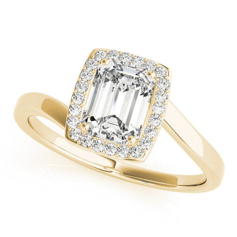 Yellow gold Radiant Cut Halo Solitaire Ring with Channel Band and Four-Prong Setting