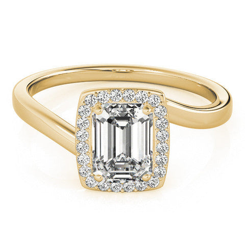 Yellow gold Radiant Cut Halo Solitaire Ring with Channel Band and Four-Prong Setting