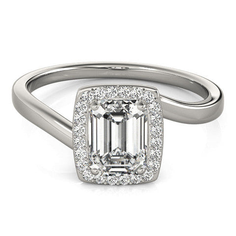 White gold Emerald Cut Halo Solitaire Ring with Channel Band and Four-Prong Setting