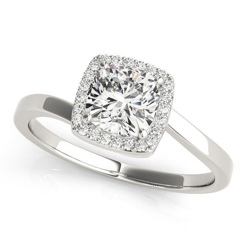 Platinum Cushion Halo Solitaire Engagement Ring with Round Diamond and Four-Prong Setting