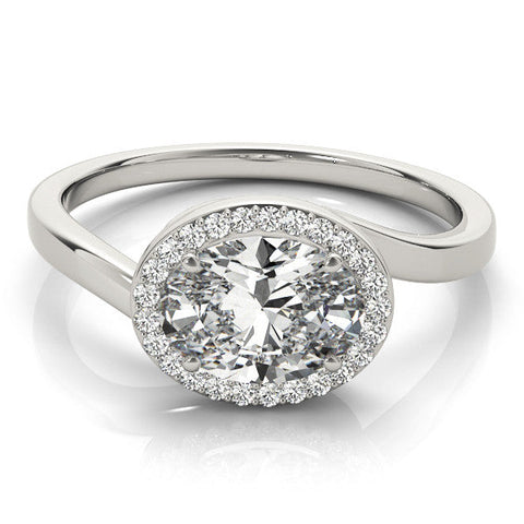 Silver Oval Halo Diamond Engagement Ring with Solitaire Band and Four-Prong Setting