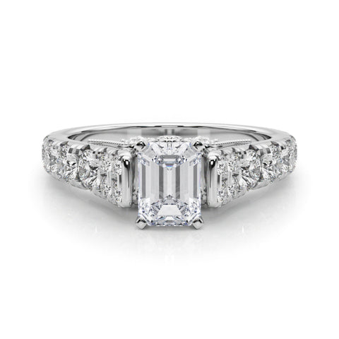 Platinum Emerald Cut Diamond Pavé Band Solitaire with Four-Prong Setting