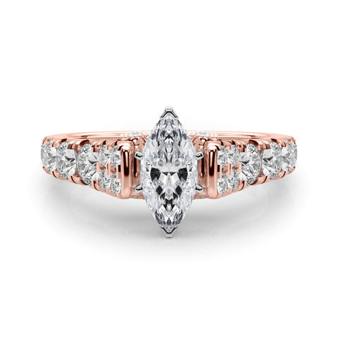 Rose gold Marquise Cut Diamond Pavé Band Solitaire with Four-Prong Setting
