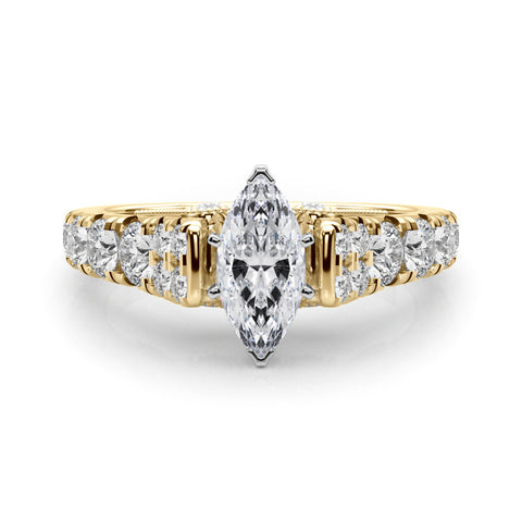Yellow gold Marquise Cut Diamond Pavé Band Solitaire with Four-Prong Setting