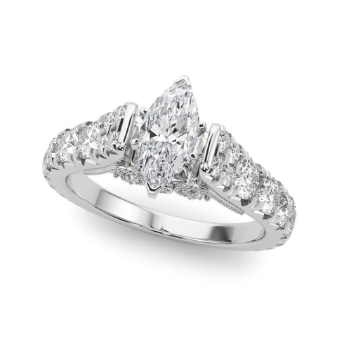 White gold Marquise Cut Diamond Pavé Band Solitaire with Four-Prong Setting