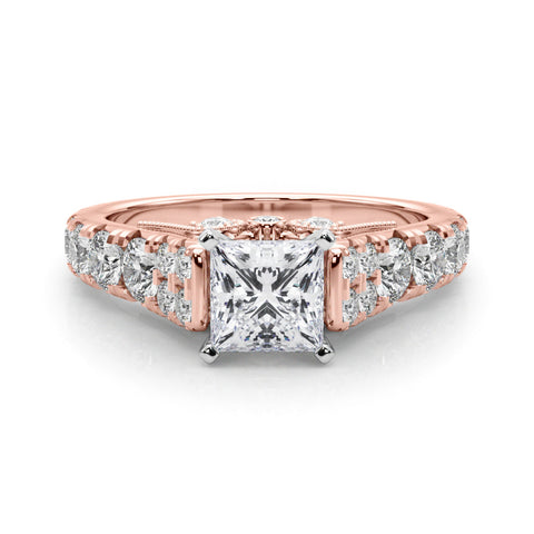Rose gold Princess Cut Diamond Pavé Band Solitaire with Four-Prong Setting