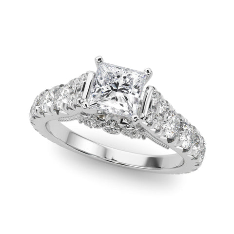 Platinum Princess Cut Diamond Pavé Band Solitaire with Four-Prong Setting