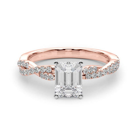 Rose gold Emerald Solitaire Twisted Pave Band with Four-Prong Setting