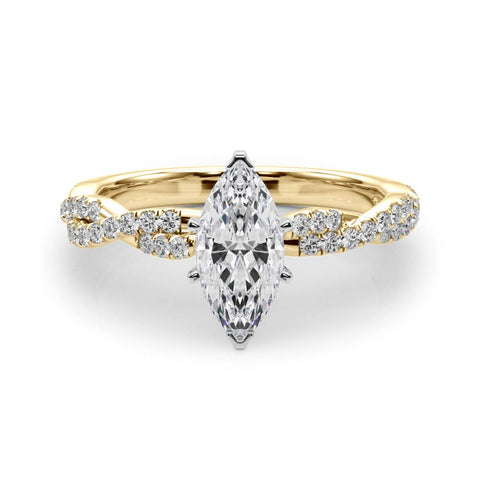 Yellow gold Marquise Solitaire Twisted Pave Band with Four-Prong Setting