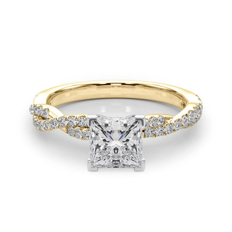 Yellow gold Princess Solitaire Twisted Pave Band with Four-Prong Setting