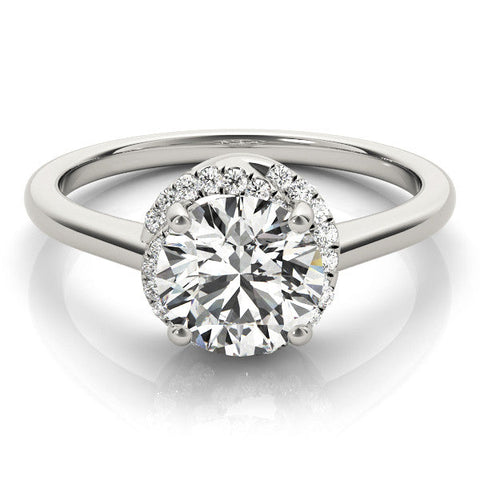 Platinum Round Halo Diamond Ring with Solitaire Band and Four-Prong Setting