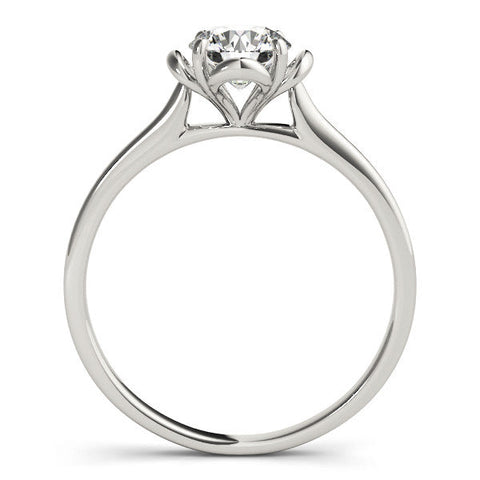 White gold Round Solitaire Diamond Ring with Floral Prong Setting and Classic Band