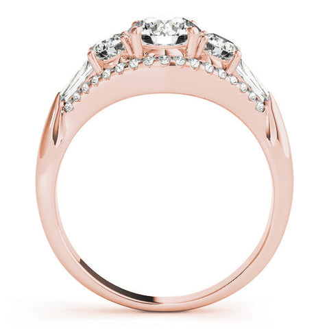 Rose gold Three-Stone Round Diamond Engagement Ring with Pave Band and Prong Setting