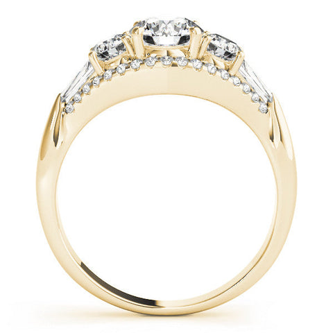 Yellow gold Three-Stone Round Diamond Engagement Ring with Pave Band and Prong Setting