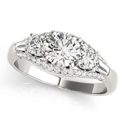 Platinum Three-Stone Round Diamond Engagement Ring with Pave Band and Prong Setting